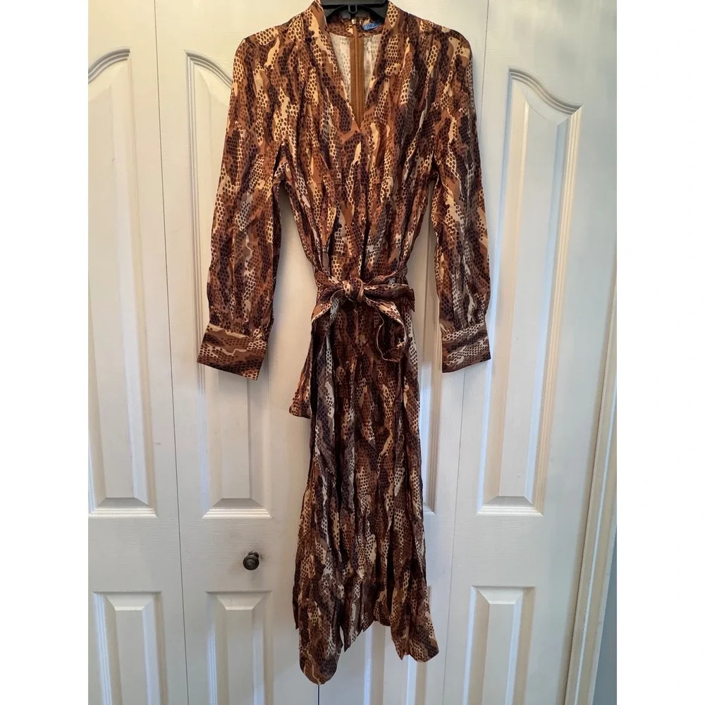 J.McLaughlin Portia Dress 0 Camel Black Grasslands Snake Print Midi Long Sleeve